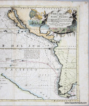 Load image into Gallery viewer, Antique map of the Pacific and surrounding regions with routes of explorers and decorative elements. Vibrant color.