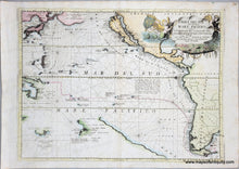 Load image into Gallery viewer, Antique map of the Pacific and surrounding regions with routes of explorers and decorative elements. Vibrant color. Genuine-Antique-Map-Pacific-Ocean---Mare-del-Sud-detto-altrimenti-Mare-Pacifico-1697-Coronelli-Maps-Of-Antiquity