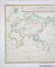Load image into Gallery viewer, Antique world map with the tracks of Captain Cook in tones of yellow, green, orange, pink, purple, blue