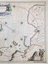 Load image into Gallery viewer, Antique map of the North Polar Ocean with navigational lines and a decorative cartouches. Vibrant color.