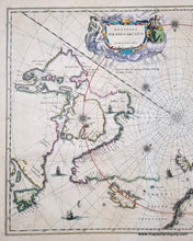 Load image into Gallery viewer, Antique map of the North Polar Ocean with navigational lines and a decorative cartouches. Vibrant color.