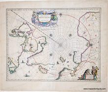 Load image into Gallery viewer, Antique map of the North Polar Ocean with navigational lines and a decorative cartouches. Vibrant color.