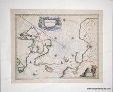 Load image into Gallery viewer, Antique map of the North Polar Ocean with navigational lines and a decorative cartouches. Vibrant color. Genuine-Antique-Map-North-Pole---Regiones-Sub-Polo-Arctico-1643-Blaeu-Maps-Of-Antiquity