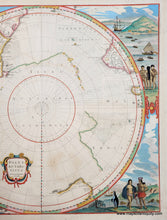 Load image into Gallery viewer, Antique map of the Antarctic region with decorative elements and illustrations. Vibrant coloring.