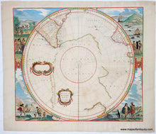 Load image into Gallery viewer, Antique map of the Antarctic region with decorative elements and illustrations. Vibrant coloring. Genuine-Antique-Map-South-Pole---Polus-Antarcticus-1640-Hondius-Maps-Of-Antiquity