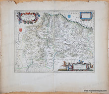 Load image into Gallery viewer, Antique map of the Jaca region, Spain with decorative elements and colors of green, blue, red, and brown among others.