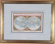 Load image into Gallery viewer, Framed antique world map with decorative border with light blue mat and gold frame. Map is colored in a variety of shades. Genuine-Antique-Map-World-Orbis-Terrae-Compendiosa-Descriptio-1596-Mercator-Porro-Magini-Maps-Of-Antiquity
