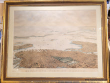 Load image into Gallery viewer, Framed rare map of boston, massachusetts, from a bird's eye view looking east over the city and harbor, framed in gold. beautiful subtle original color in warm brown tan for the buildings, green for the parks, blue in the water. Antique old original map by Nutting, Mayer, Russell 1866