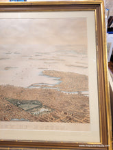 Load image into Gallery viewer, Framed rare map of boston, massachusetts, from a bird's eye view looking east over the city and harbor, framed in gold. beautiful subtle original color in warm brown tan for the buildings, green for the parks, blue in the water. Antique old original map by Nutting, Mayer, Russell 1866