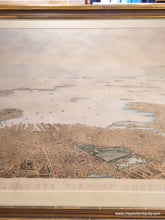 Load image into Gallery viewer, Framed rare map of boston, massachusetts, from a bird's eye view looking east over the city and harbor, framed in gold. beautiful subtle original color in warm brown tan for the buildings, green for the parks, blue in the water. Antique old original map by Nutting, Mayer, Russell 1866