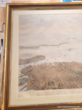 Load image into Gallery viewer, Framed rare map of boston, massachusetts, from a bird's eye view looking east over the city and harbor, framed in gold. beautiful subtle original color in warm brown tan for the buildings, green for the parks, blue in the water. Antique old original map by Nutting, Mayer, Russell 1866