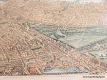 Load image into Gallery viewer, Framed rare map of boston, massachusetts, from a bird's eye view looking east over the city and harbor, framed in gold. beautiful subtle original color in warm brown tan for the buildings, green for the parks, blue in the water. Antique old original map by Nutting, Mayer, Russell 1866