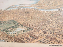 Load image into Gallery viewer, Framed rare map of boston, massachusetts, from a bird's eye view looking east over the city and harbor, framed in gold. beautiful subtle original color in warm brown tan for the buildings, green for the parks, blue in the water. Antique old original map by Nutting, Mayer, Russell 1866