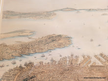 Load image into Gallery viewer, Framed rare map of boston, massachusetts, from a bird's eye view looking east over the city and harbor, framed in gold. beautiful subtle original color in warm brown tan for the buildings, green for the parks, blue in the water. Antique old original map by Nutting, Mayer, Russell 1866