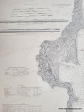 Load image into Gallery viewer, Close up of An antique nautical sailing chart vertical in black and white showing Massachusetts Bay with coastal detail, water depths, and informational text about sailing.