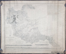 Load image into Gallery viewer, A black and white antique nautical map of Boston Harbor, printed on aged beige paper with fine gray cartographic details of the land, sailing directions, water depths. red dots indicate lighthouses, light buoys. horizontal sailing chart.