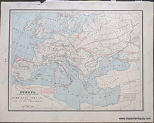 Load image into Gallery viewer, Genuine-Antique-Printed-Color-Comparative-Chart-Europe-showing-the-general-direction-of-the-Barbarian-Inroads-on-the-Fall-of-the-Roman-Empire;-verso:-Map-of-Europe-A.D.-500-Europe--1892-Home-Library-&-Supply-Association-Maps-Of-Antiquity-1800s-19th-century