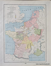Load image into Gallery viewer, Genuine-Antique-Printed-Color-Comparative-Chart-Historical-Map-of-Feudal-France-during-the-Hundred-Years'-War-with-England;-verso:-Germany-Switzerland-and-the-Netherlands-during-the-Reformation-and-the-Thirty-Years'-War-Europe--1892-Home-Library-&-Supply-Association-Maps-Of-Antiquity-1800s-19th-century