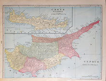 Load image into Gallery viewer, Map showing Cyprus with an inset map of Crete or Candia, vibrant printed colors blue, yellow, green, orange, pink.