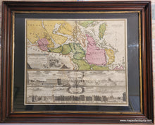 Load image into Gallery viewer, Framed antique map of Stockholm Sweden by Homann (Heirs) circa 1730 with hand-colored map of the vicinity of Stockholm at top and two uncolored views at bottom