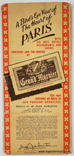 Load image into Gallery viewer, (booklet jacket) Black and white 3-D style view of paris with buildings and monuments. Blue border and red markings for notable locations. Genuine-Vintage-Map-Vue-du-Centre-de-Paris-1951-Blondel-la-Rougery---Grand-Marnier-Maps-Of-Antiquity
