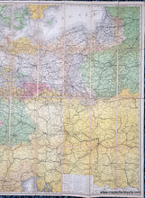 Load image into Gallery viewer, Close-up of the right side of the Antique map of Germany and surrounding. ANtique tones of green, pink, yellow, orange, purple to indicate political boundaries.