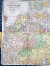 Load image into Gallery viewer, Close-up of the left side of the Antique map of Germany and surrounding. ANtique tones of green, pink, yellow, orange, purple to indicate political boundaries.