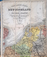 Load image into Gallery viewer, Close-up of the title of the Antique map of Germany and surrounding. ANtique tones of green, pink, yellow, orange, purple to indicate political boundaries.