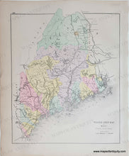 Load image into Gallery viewer, Antique Map with original hand-coloring in tones of yellow, green, pink, and purple. Antique-Maps-Water-Shed-Map-of-Maine