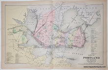 Load image into Gallery viewer, Antique map of Portland and vicinity with color-coded districts.
Antique map with original colors of yellow, pink, blue, and green.