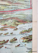 Load image into Gallery viewer, Antique bird's-eye view of part of Casco Bay in Maine with chromolithograph colors in blues, greens, reds, and purples. Red lines show the train routes. Black lines show ferry routes. Portland is on the left side and Mount Washington is in the distance. The islands of Casco Bay are in the foreground.