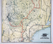 Load image into Gallery viewer, Vintage map of a Northern Maine with a red line showing the railroad, light yellow land and blue rivers and lakes. Genuine-Antique-Map-with-Booklet-Bangor-Aroostook-Railroad-and-Connections-Including-Northern-Maine-Hunting-and-Fishing-Region-1936-Rand-McNally-Co-Maps-Of-Antiquity