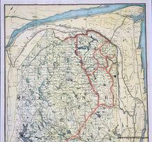 Load image into Gallery viewer, Vintage map of a Northern Maine with a red line showing the railroad, light yellow land and blue rivers and lakes. Genuine-Antique-Map-with-Booklet-Bangor-Aroostook-Railroad-and-Connections-Including-Northern-Maine-Hunting-and-Fishing-Region-1936-Rand-McNally-Co-Maps-Of-Antiquity