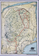 Load image into Gallery viewer, Vintage map of a Northern Maine with a red line showing the railroad, light yellow land and blue rivers and lakes. Genuine-Antique-Map-with-Booklet-Bangor-Aroostook-Railroad-and-Connections-Including-Northern-Maine-Hunting-and-Fishing-Region-1936-Rand-McNally-Co-Maps-Of-Antiquity