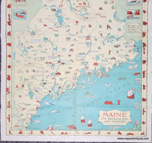 Load image into Gallery viewer, Vintage map of Maine with illustrations in antique tones of yellow, green, blue, and red