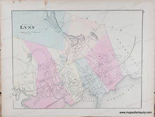 Load image into Gallery viewer, original color in tones of pink, green, yellow, and orange by ward or district. ANtique map of Lynn MA