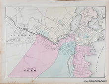 Load image into Gallery viewer, original color in tones of pink, green, yellow, and orange by ward or district. ANtique map of Salem MA