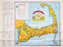Load image into Gallery viewer, Vintage printed map of Cape Cod, Massachusetts, showing the state in yellow with blue water, roads, and a detailed legend column on the left side.