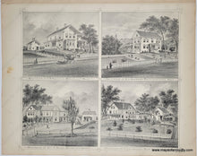 Load image into Gallery viewer, Antique page with four black and white prints of local houses with the owners' names. These were likely prominent people who paid to have a print of their home in the atlas.