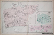 Load image into Gallery viewer, Antique map of the town of Harwich, massachusetts, in antique tones of pink, peach, and green with darker green for cemeteries and parks.