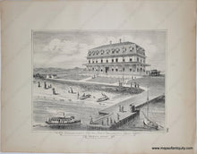 Load image into Gallery viewer, Antique lithograph print of a large hotel on the coast with a wharf and boats and canoes and beachgoers.