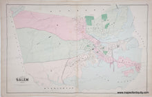 Load image into Gallery viewer, An antique city map of Salem, Massachusetts, featuring hand-colored sections in pink, green, and light blue on aged beige paper, with street details and watermarks.