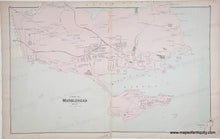 Load image into Gallery viewer, An antique map of Marblehead, Massachusetts, on aged beige paper with pale pink and light blue shaded regions. The map features detailed cartographic markings, roads, and waterways, with the title 'MARBLEHEAD' centered near the bottom.