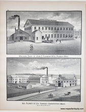 Load image into Gallery viewer, Antique black-and-white printed page showing two industrial scenes: a machine shop labeled John E. Clement & Co. and a tannery in Danversport MA