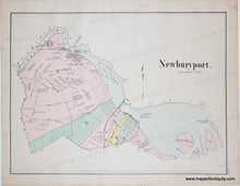 Load image into Gallery viewer, Antique map of Newburyport, Massachusetts, featuring hand-colored land districts in pale pink, green, and yellow on an aged off-white paper background. The title 'Newburyport' is printed in black at the upper right