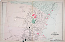 Load image into Gallery viewer, Antique map of the City of Newburyport, Massachusetts, showing street layouts, buildings, and waterways with hand-colored pink and green highlights on an aged beige paper background.