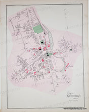 Load image into Gallery viewer, An antique city map of Merrimac, Massachusetts, 1884, featuring a detailed street layout, waterways, and red-painted building footprints on a light pink shaded area over an aged beige paper .