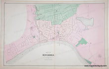 Load image into Gallery viewer, An antique map of Haverhill, Massachusetts, featuring a detailed street layout, waterways, and land divisions colored in pale pink, light green, and gray on an aged, off-white paper .