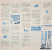 Load image into Gallery viewer, Vintage brochure with text and small illustrations in blue and black advertising Chatham MA as a tourism destination.
