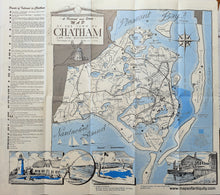 Load image into Gallery viewer, Mostly black and white map with blue water and a key on the left side that corresponds to numbers in the map. Original-Map-Chatham-Pictorial-Street-1987-Antique-Chamber-Commerce-illustrations-points-of-interest-1980s-20th-century